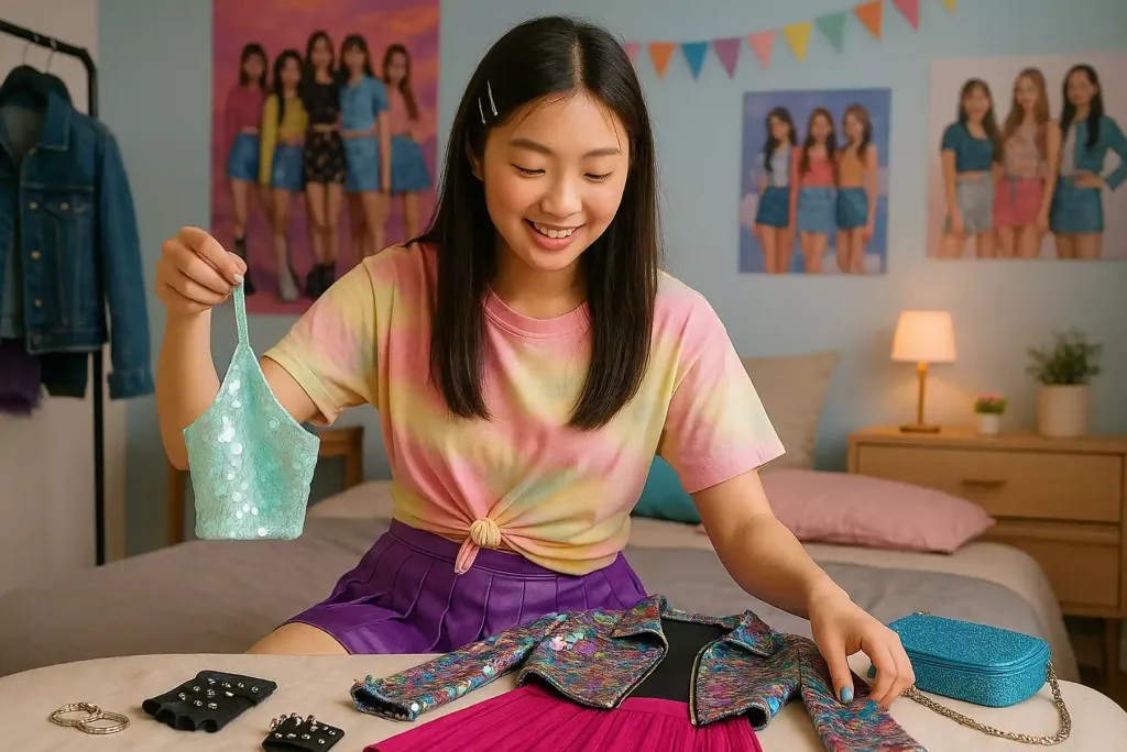 Adolescente souriante dans sa chambre en train d’assembler une tenue colorée avec des accessoires brillants, ambiance inspirée de la K-Pop et du film KPop Demon Hunters