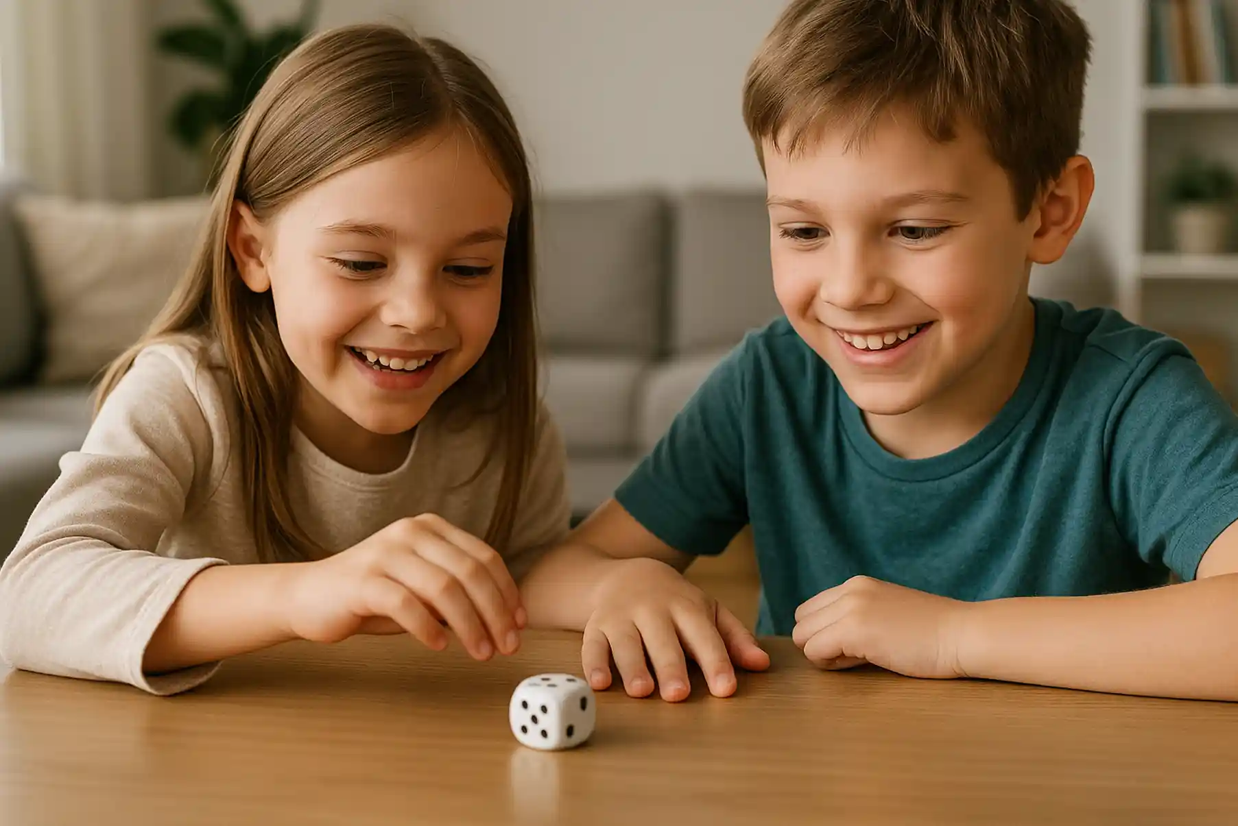 Gros plan sur deux enfants jouant à une table avec un dé posé devant eux, souriants et concentrés, ambiance familiale.