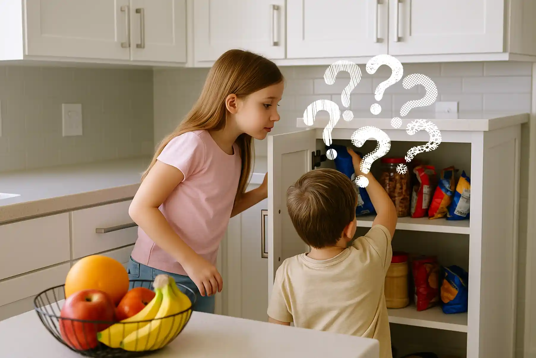 Deux enfants ouvrent un placard de cuisine rempli de biscuits et snacks, pendant qu’une corbeille de fruits colorés trône sur le plan de travail.