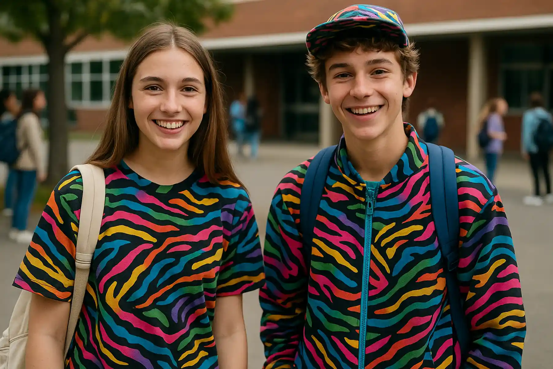Deux adolescents portant des vêtements colorés avec un motif rétro dans une cour d’école, ambiance tendance et branchée.