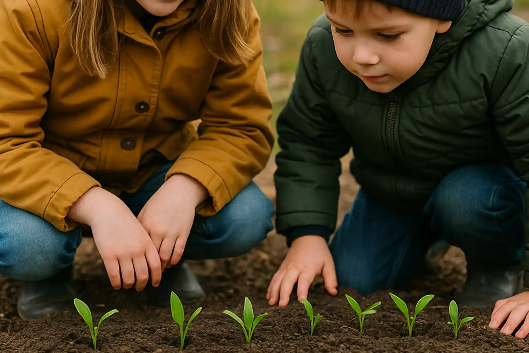 Deux enfants en manteaux d’automne, agenouillés dans un jardin, observant de jeunes pousses vertes qui sortent de la terre.