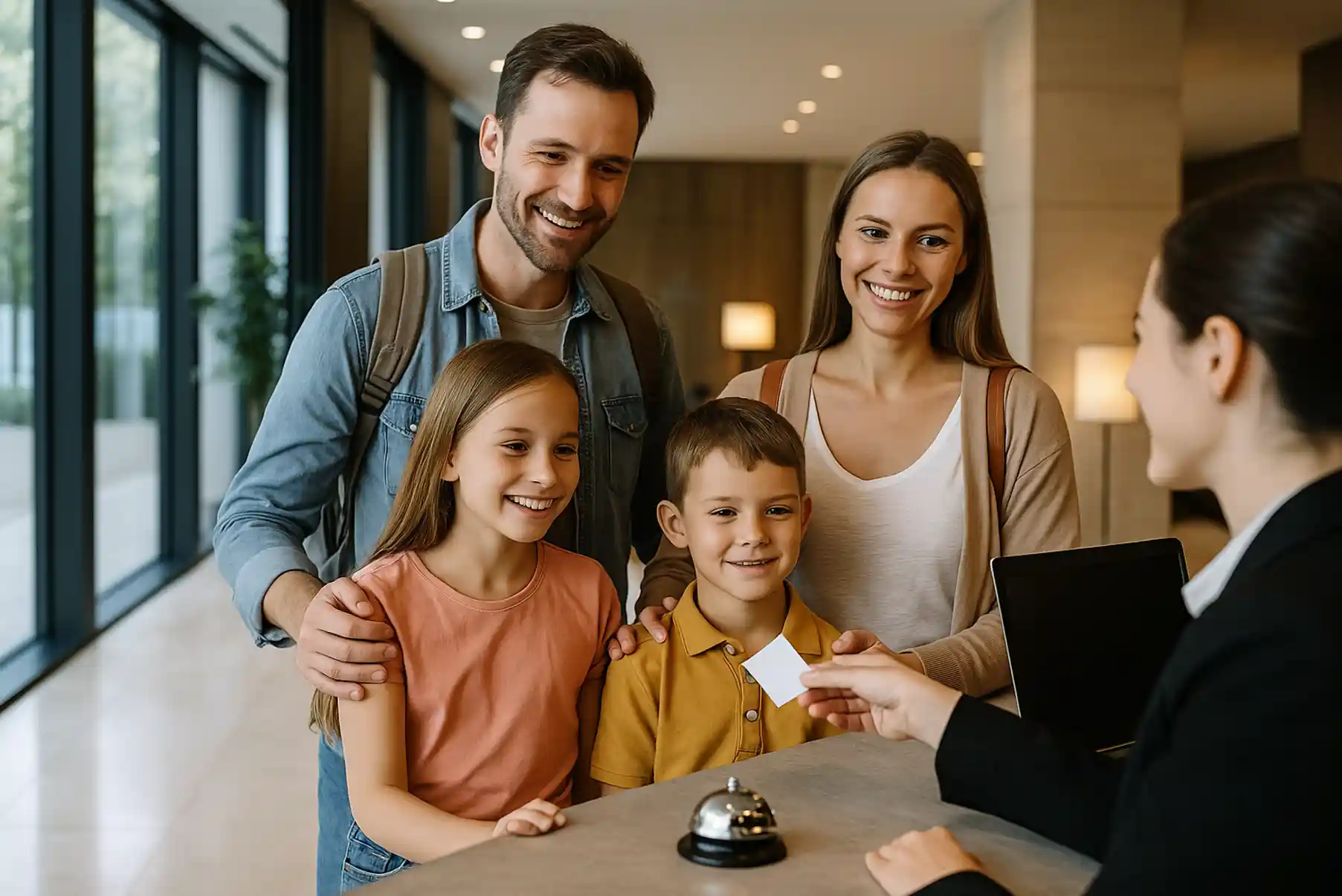 Une famille avec deux enfants à la réception d’un hôtel moderne, souriante en recevant la clé de leur chambre, ambiance vacances.