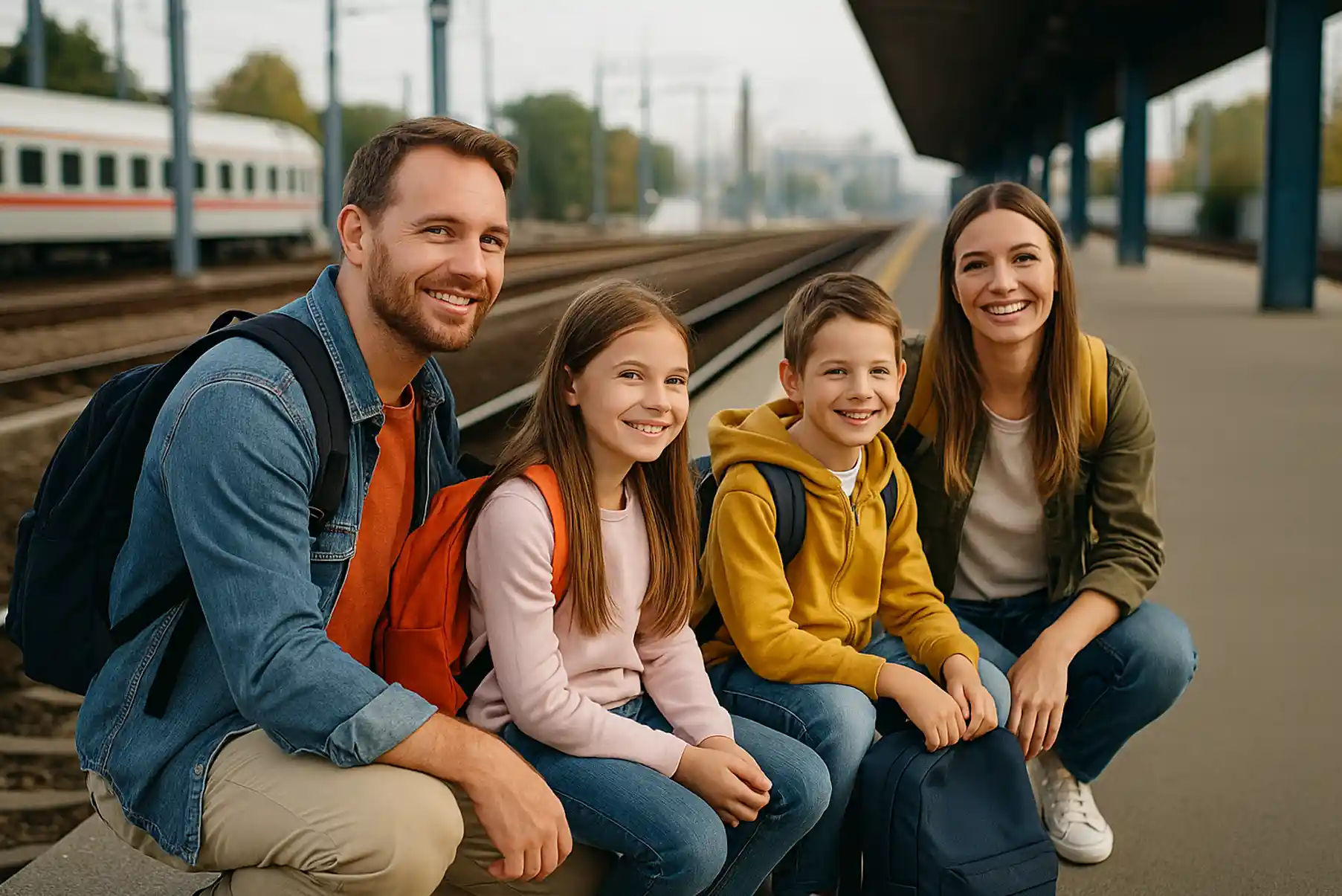 Une famille de quatre personnes avec deux enfants, assise sur le quai d’une gare française avec des sacs à dos, souriante et prête à voyager en train.