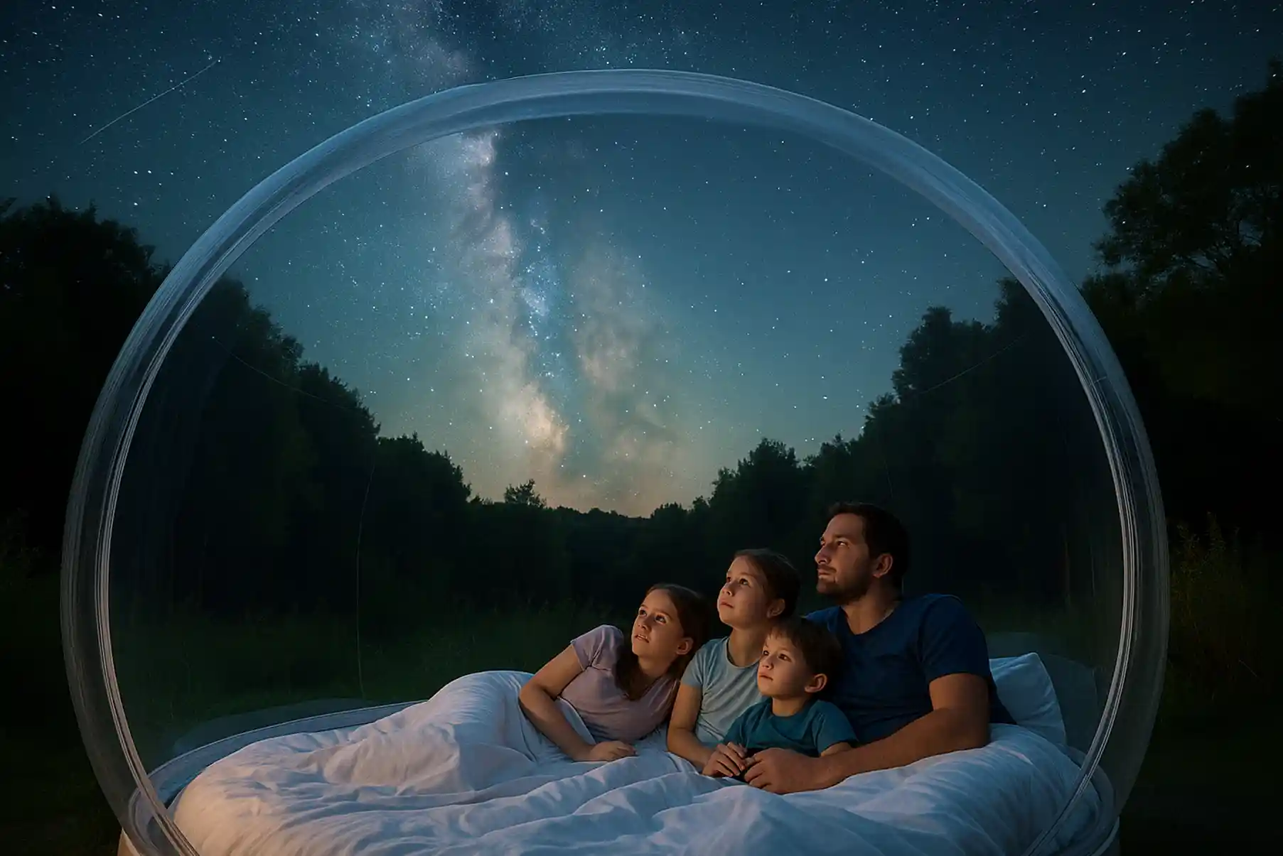 Une famille allongée dans une bulle transparente en pleine nature, observant un ciel étoilé avec émerveillement.