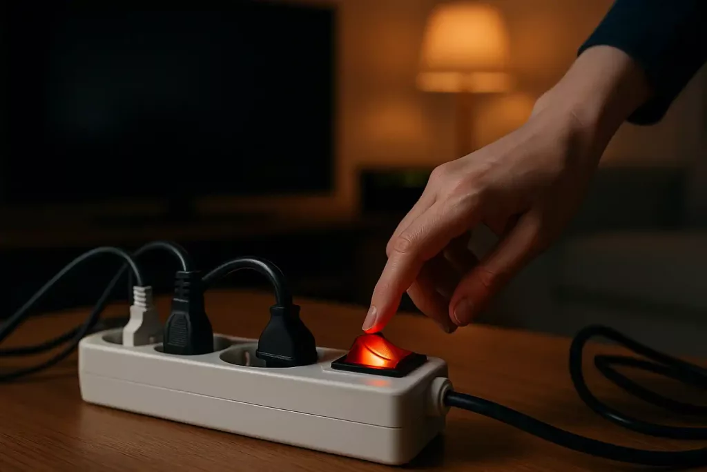 Main appuyant sur l’interrupteur rouge d’une multiprise dans un salon tamisé, avec une télévision et une box en arrière-plan, symbole des économies d’énergie réalisées en coupant les appareils en veille