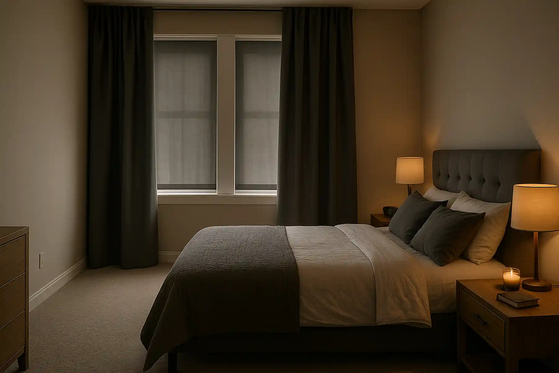 Chambre moderne avec fenêtres fermées et rideaux tirés, ambiance tamisée, symbole de la pollution invisible de l’air intérieur dans la pièce la plus utilisée pour le repos