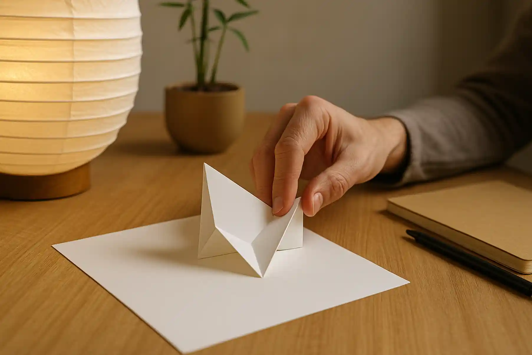 Main pliant une feuille de papier en origami sur une table en bois avec une ambiance zen japonaise, symbole d’un booster de créativité simple et accessible