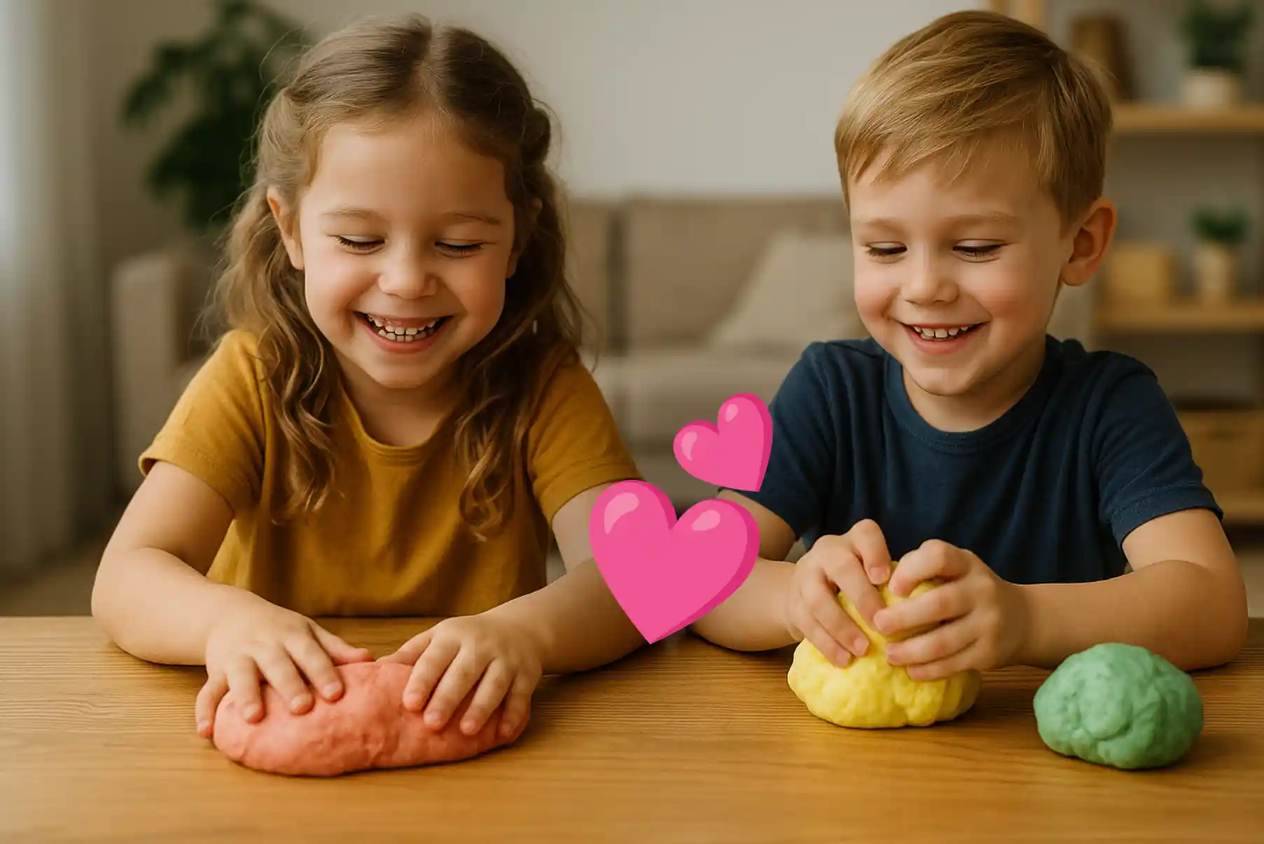 Deux enfants assis à une table en bois, malaxant une pâte maison colorée avec le sourire, ambiance calme et chaleureuse.