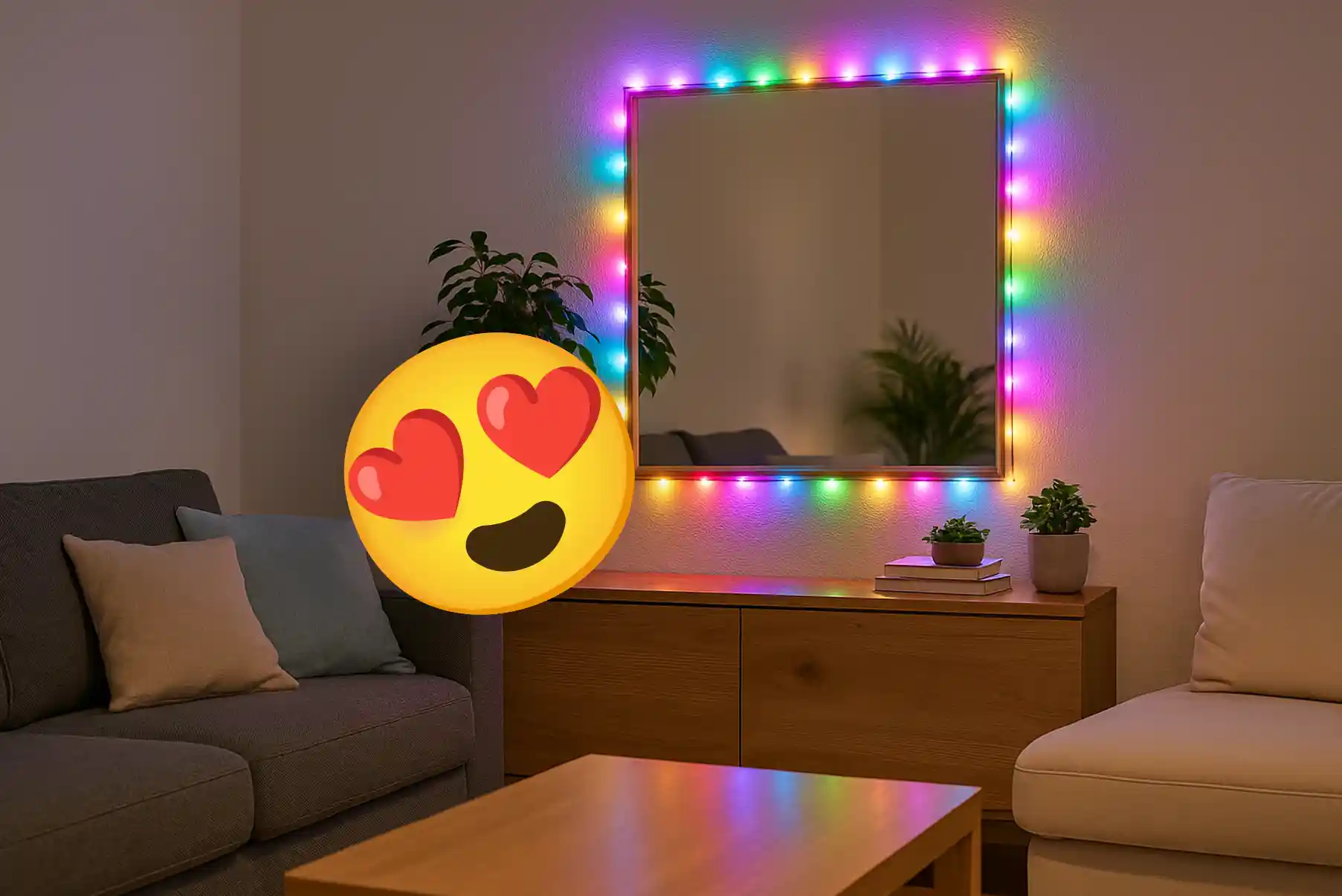 Salon moderne de famille avec une guirlande LED colorée accrochée autour d’un miroir, créant une ambiance chaleureuse.