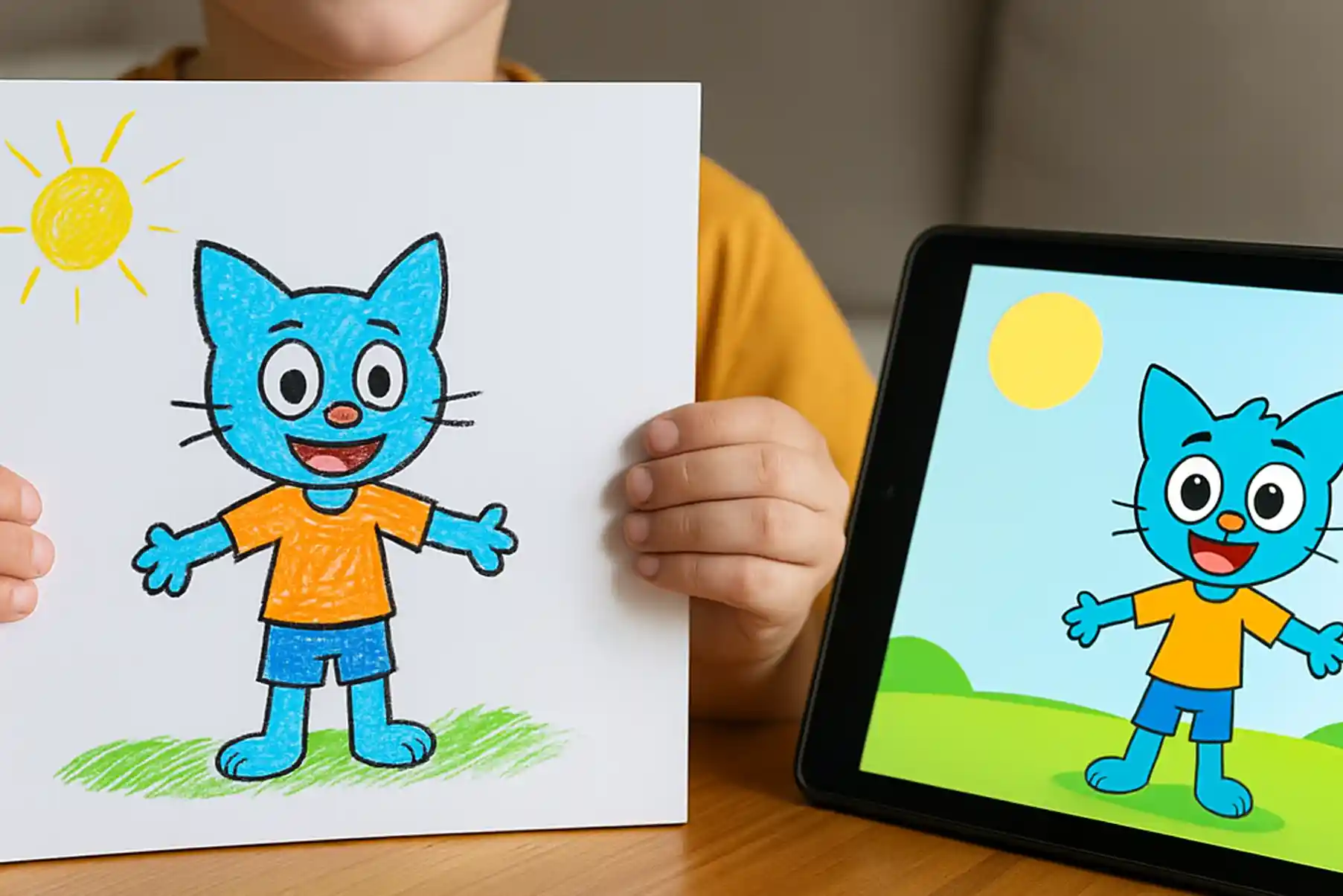 Un enfant tenant un dessin coloré devant lui, tandis qu’une tablette posée à côté affiche le même dessin transformé en personnage animé.