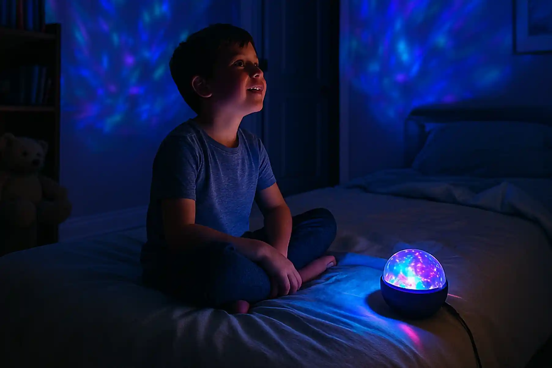 Une chambre d’enfant plongée dans le noir, illuminée par un projecteur lumineux coloré avec un enfant émerveillé assis sur son lit.
