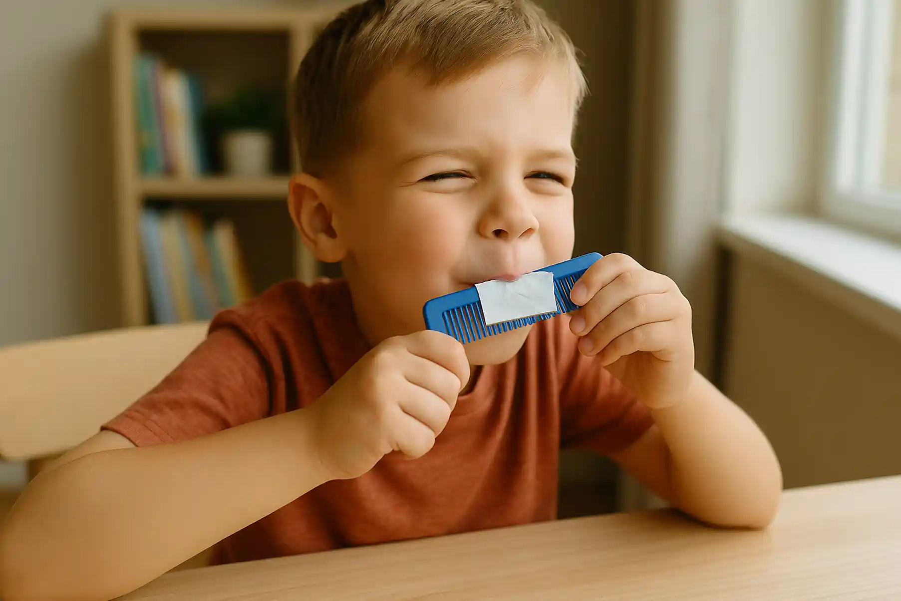 Un enfant souriant assis à une table, tenant un peigne contre lequel est fixé un petit papier, soufflant dedans pour produire un son.