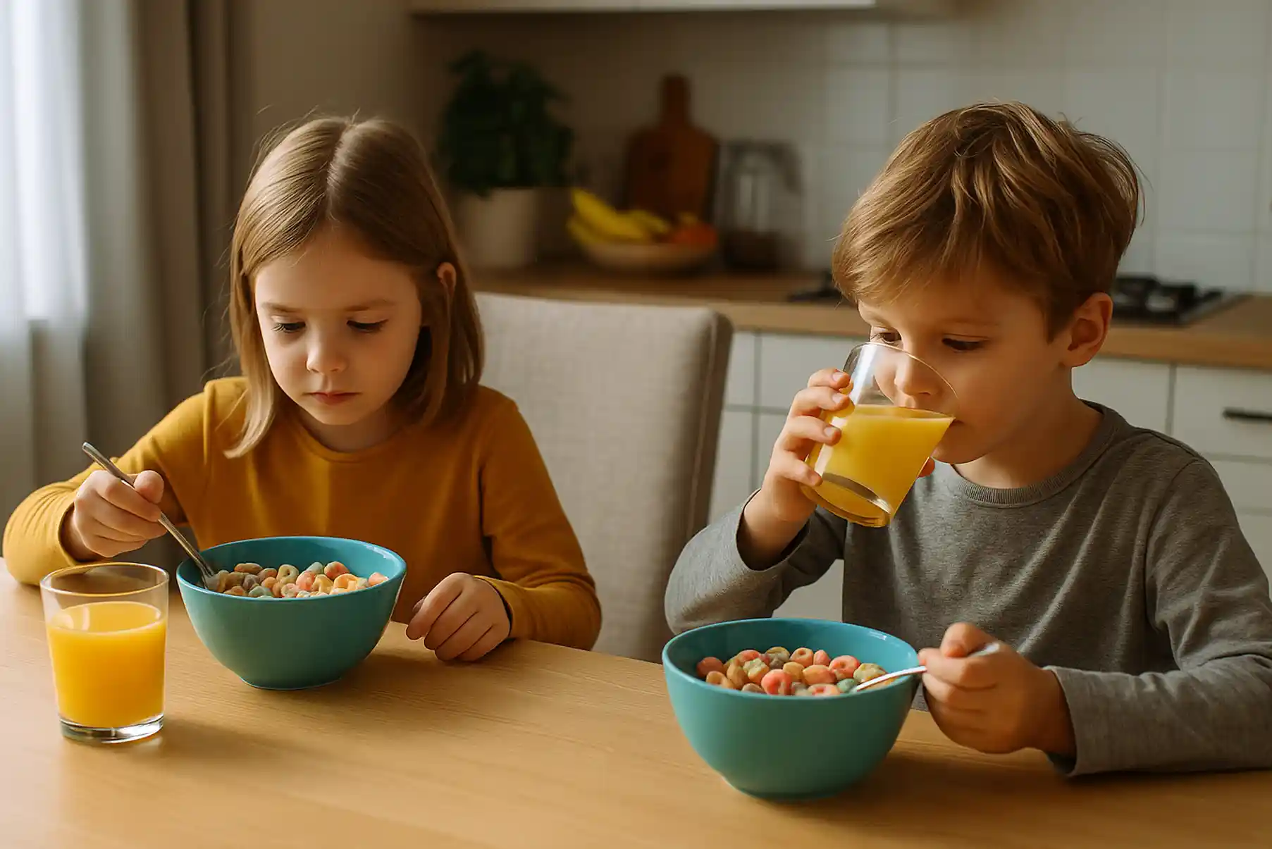 Deux enfants assis à une table au petit-déjeuner, mangeant des céréales sucrées et buvant du jus d’orange, ambiance matinale à la maison.