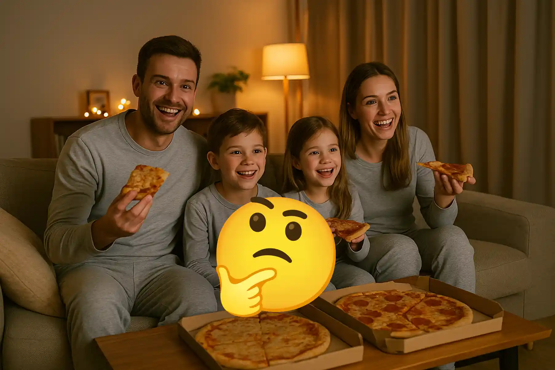 Une famille réunie dans le salon, mangeant des pizzas en pyjama devant un film, ambiance chaleureuse et joyeuse.