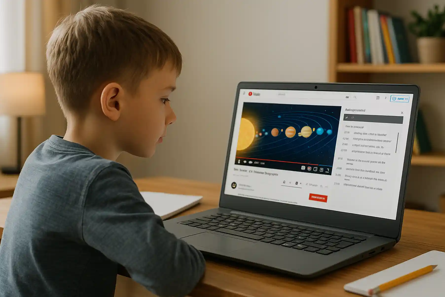 Un enfant assis devant un ordinateur portable, regardant une vidéo YouTube éducative avec transcription affichée, ambiance d’apprentissage à la maison.
