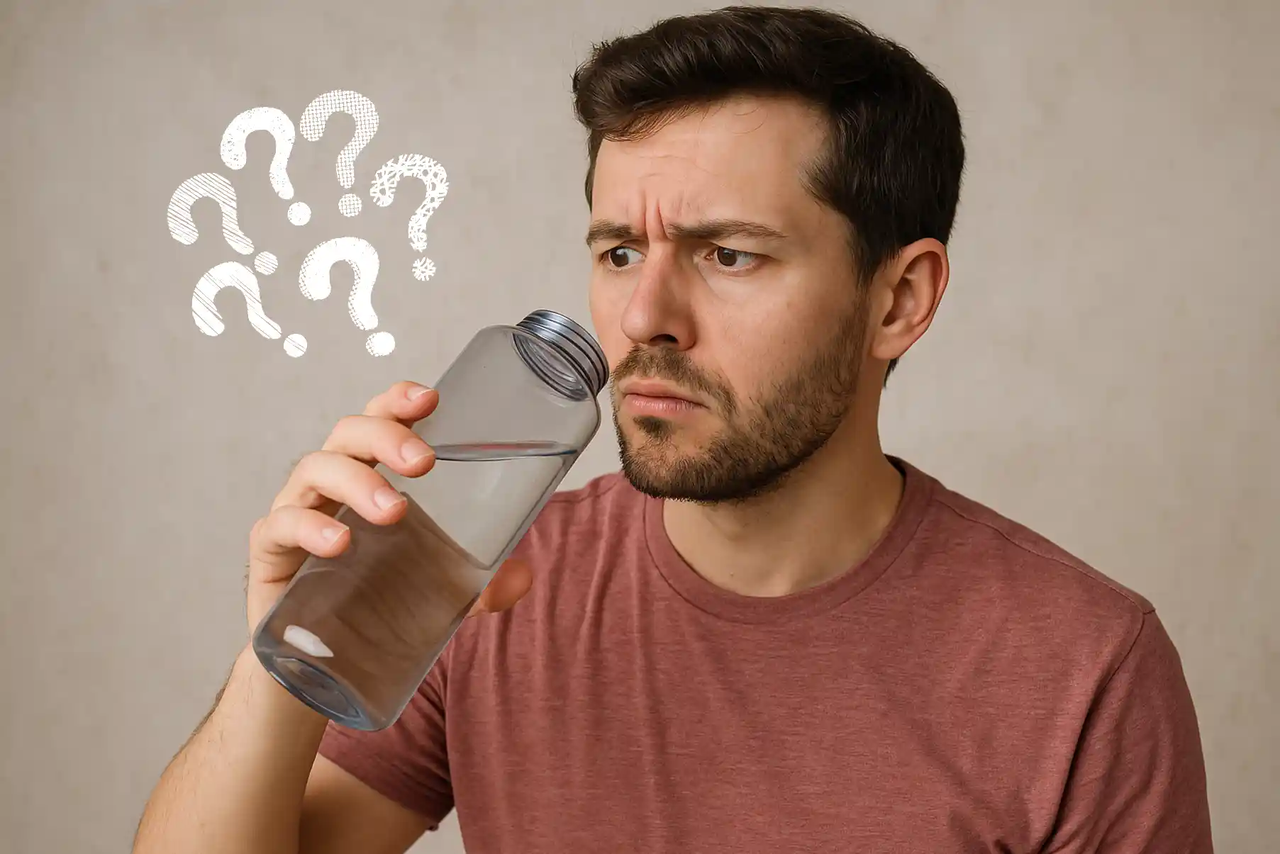 Jeune homme tenant une gourde transparente et la regardant avec perplexité, symbole de l’erreur fréquente que commettent de nombreux Français en s’hydratant au quotidien