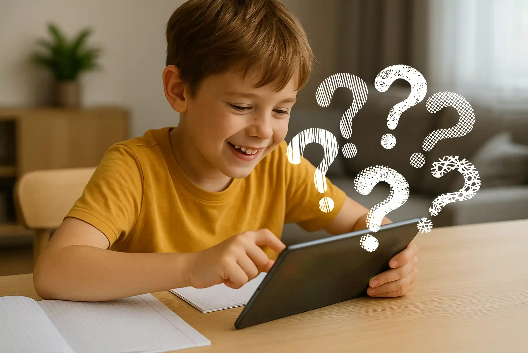 Un enfant souriant fait ses devoirs sur une tablette, assis à une table, avec des cahiers ouverts autour de lui.