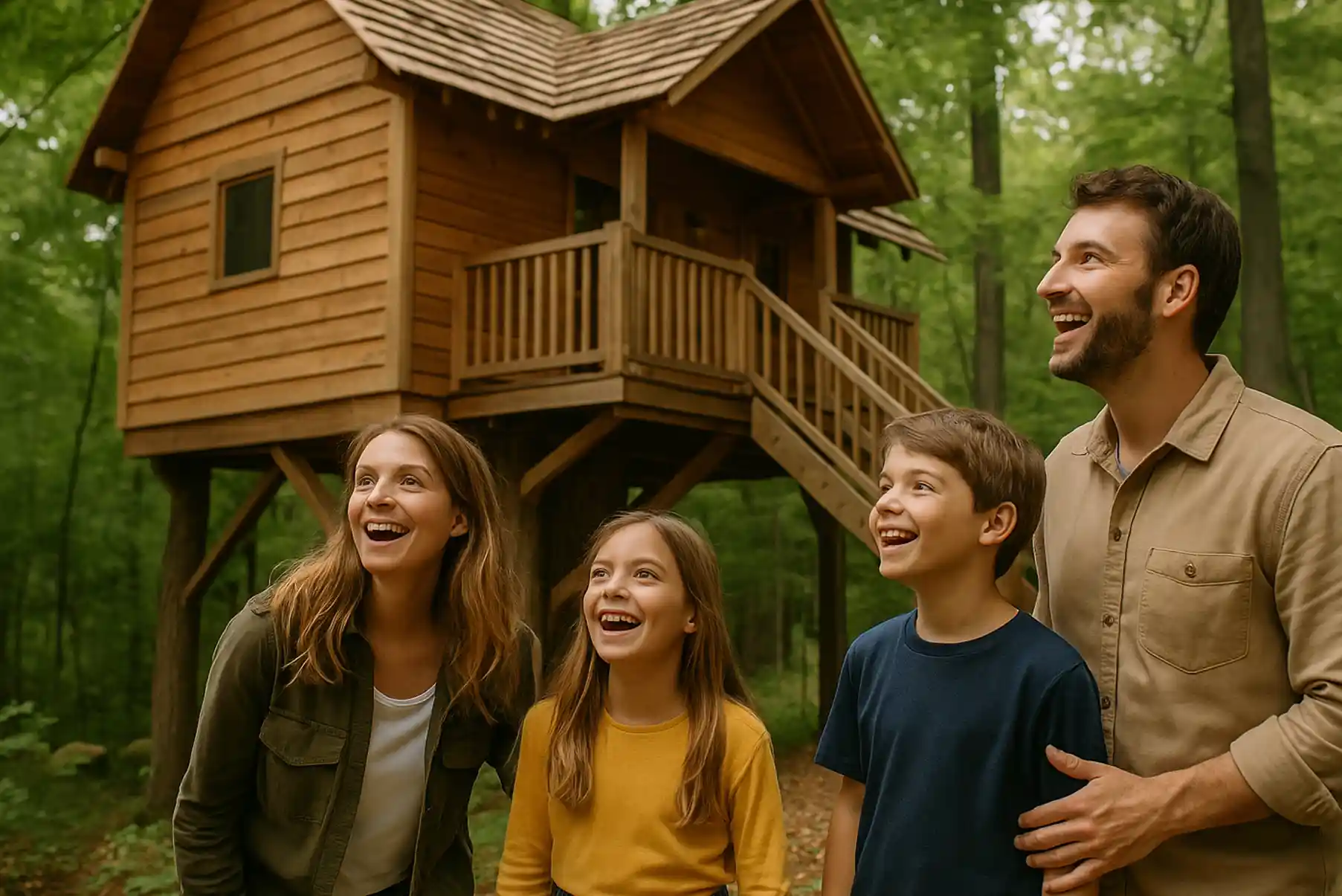Une famille avec deux enfants découvre une cabane en bois perchée dans les arbres, sourire émerveillé et ambiance nature.