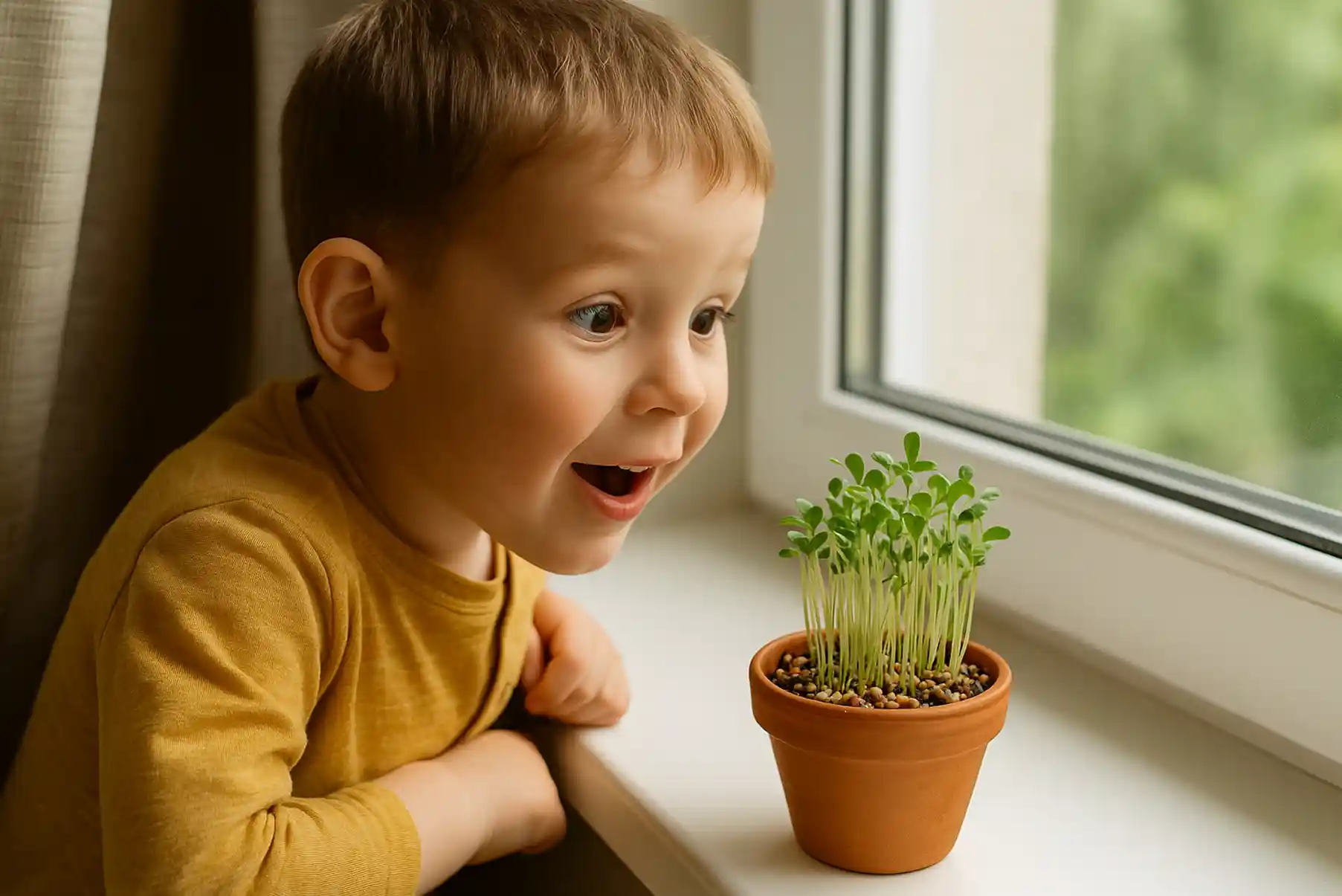 Enfant émerveillé regardant un pot de lentilles germées après trois jours, posé près d’une fenêtre lumineuse.