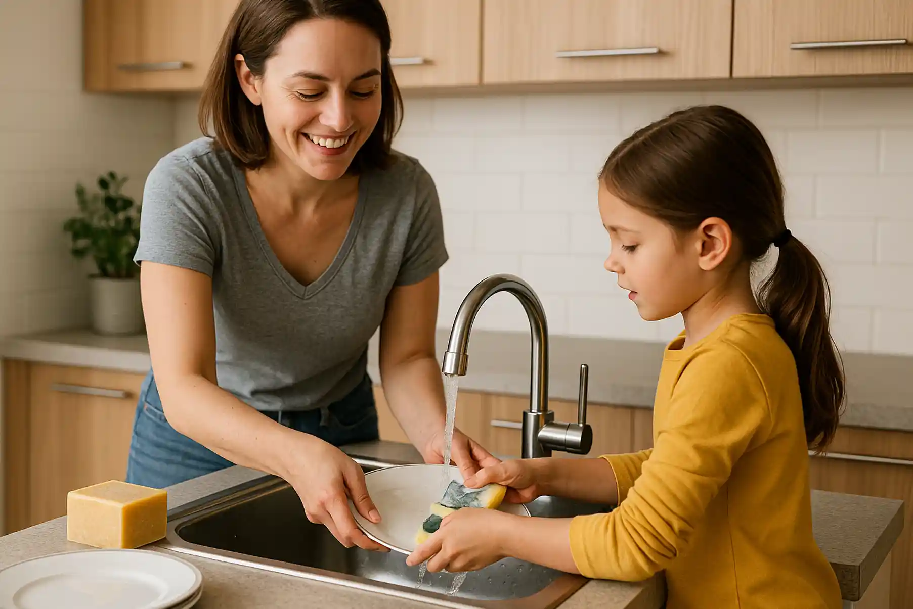 Une cuisine moderne avec un parent et un enfant lavant la vaisselle avec un bloc de savon de Marseille posé près de l’évier, sans flacon plastique visible.