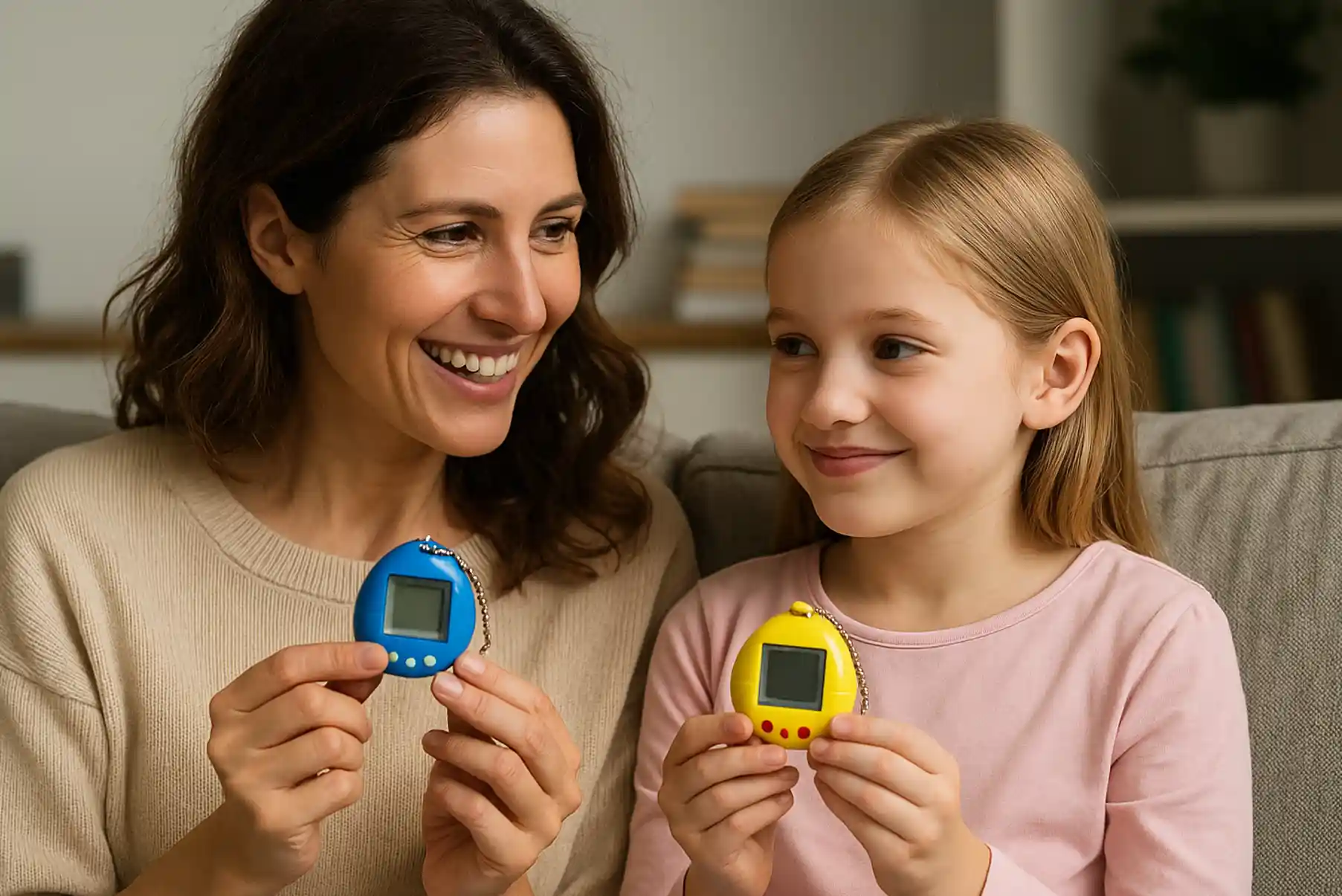 Une mère et son enfant assis côte à côte sur un canapé, tenant chacun un Tamagotchi dans la main, avec un regard complice et amusé.