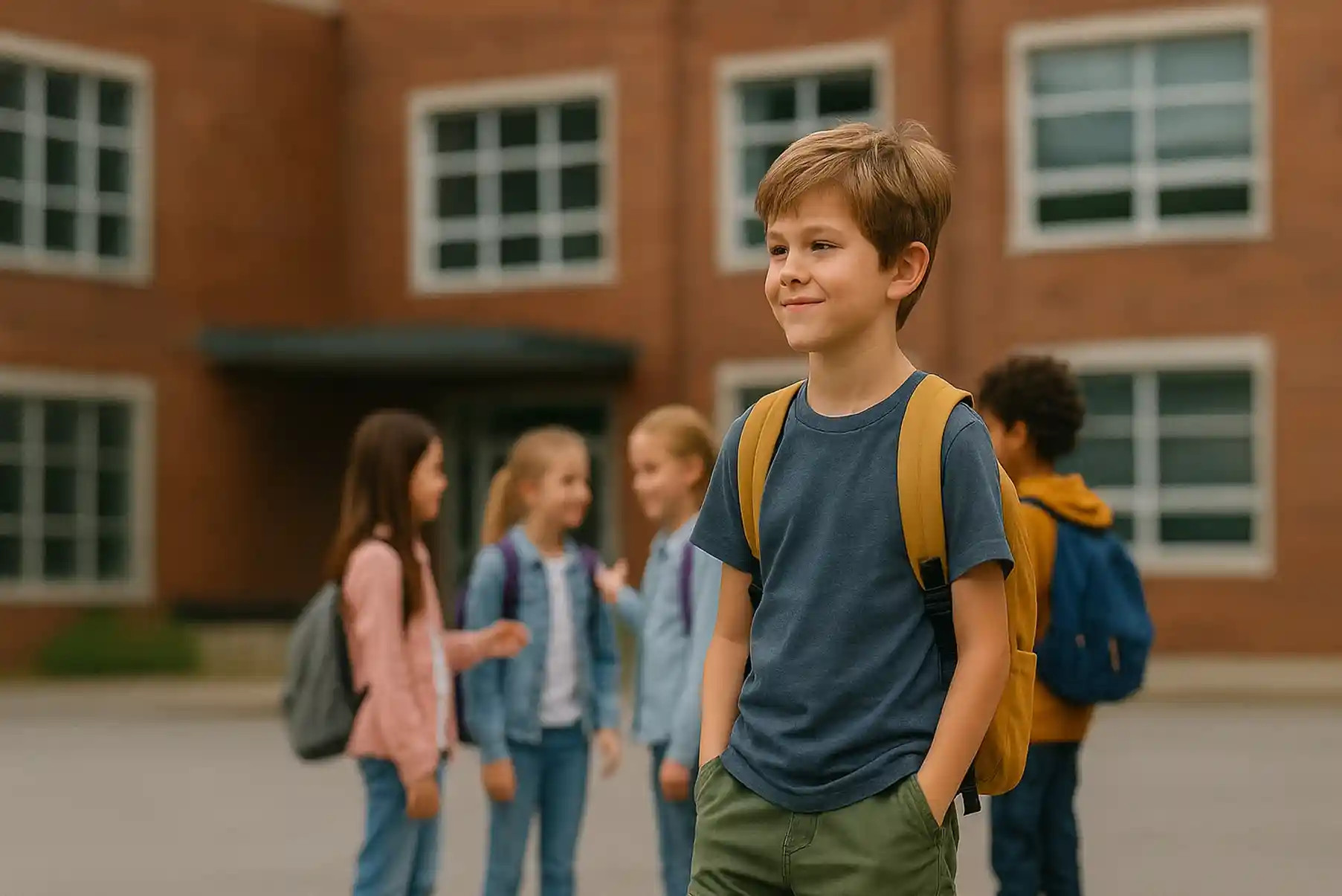 Un enfant portant un pantalon cargo moderne dans une cour d’école, entouré de camarades, ambiance tendance et décontractée.
