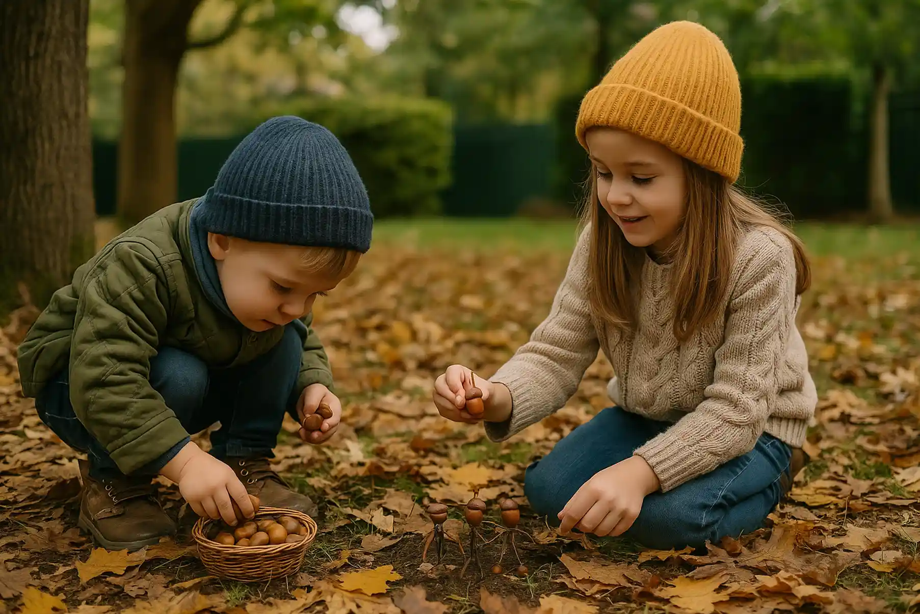 Deux enfants jouant dans un jardin couvert de feuilles mortes, ramassant des glands et créant des petits bonhommes nature.