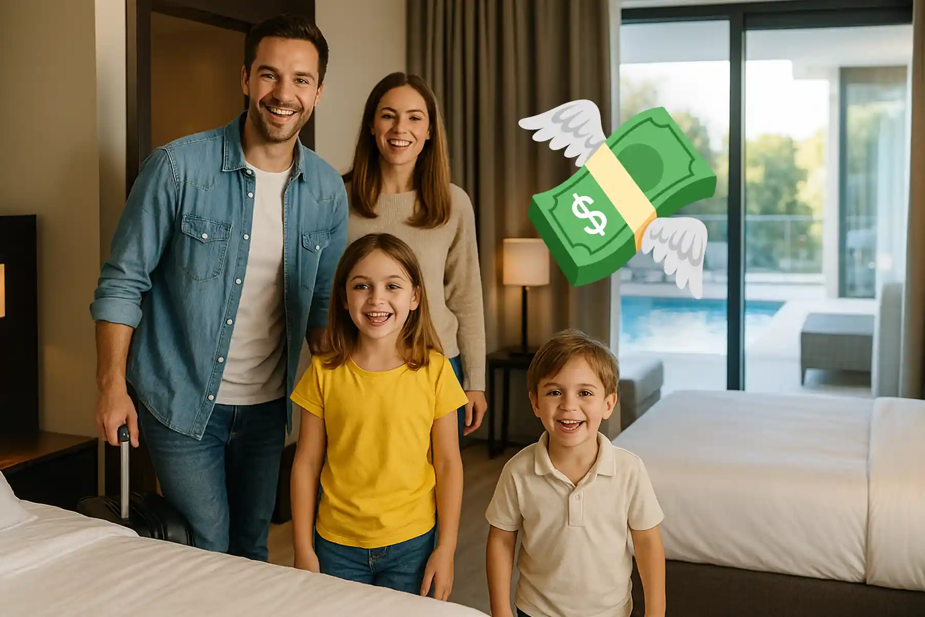 Une famille avec deux enfants découvre joyeusement une chambre d’hôtel moderne et lumineuse, avec un grand lit et une vue sur la piscine.