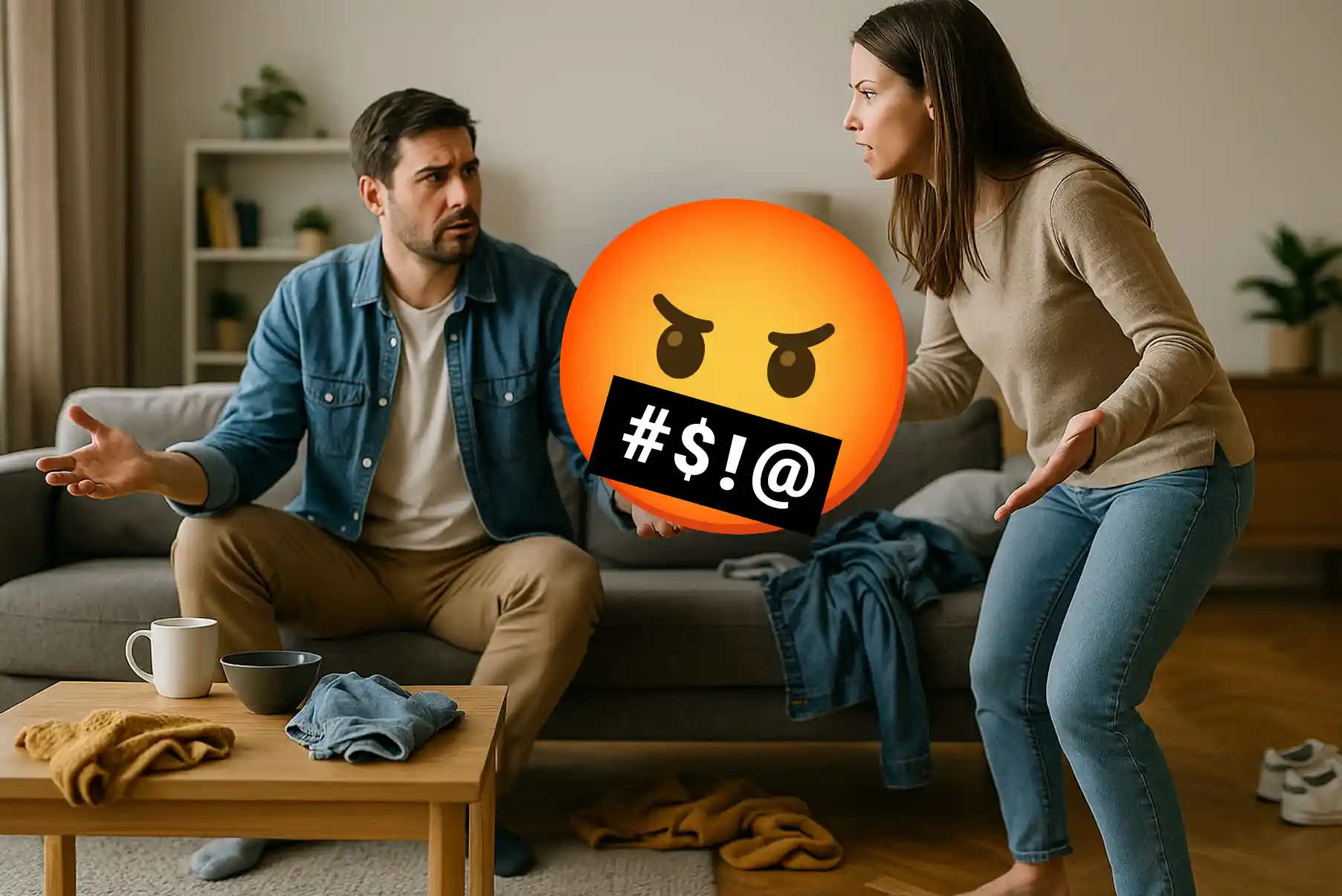 Un couple en pleine dispute dans un salon encombré, symbole des tensions liées aux gestes banals du quotidien