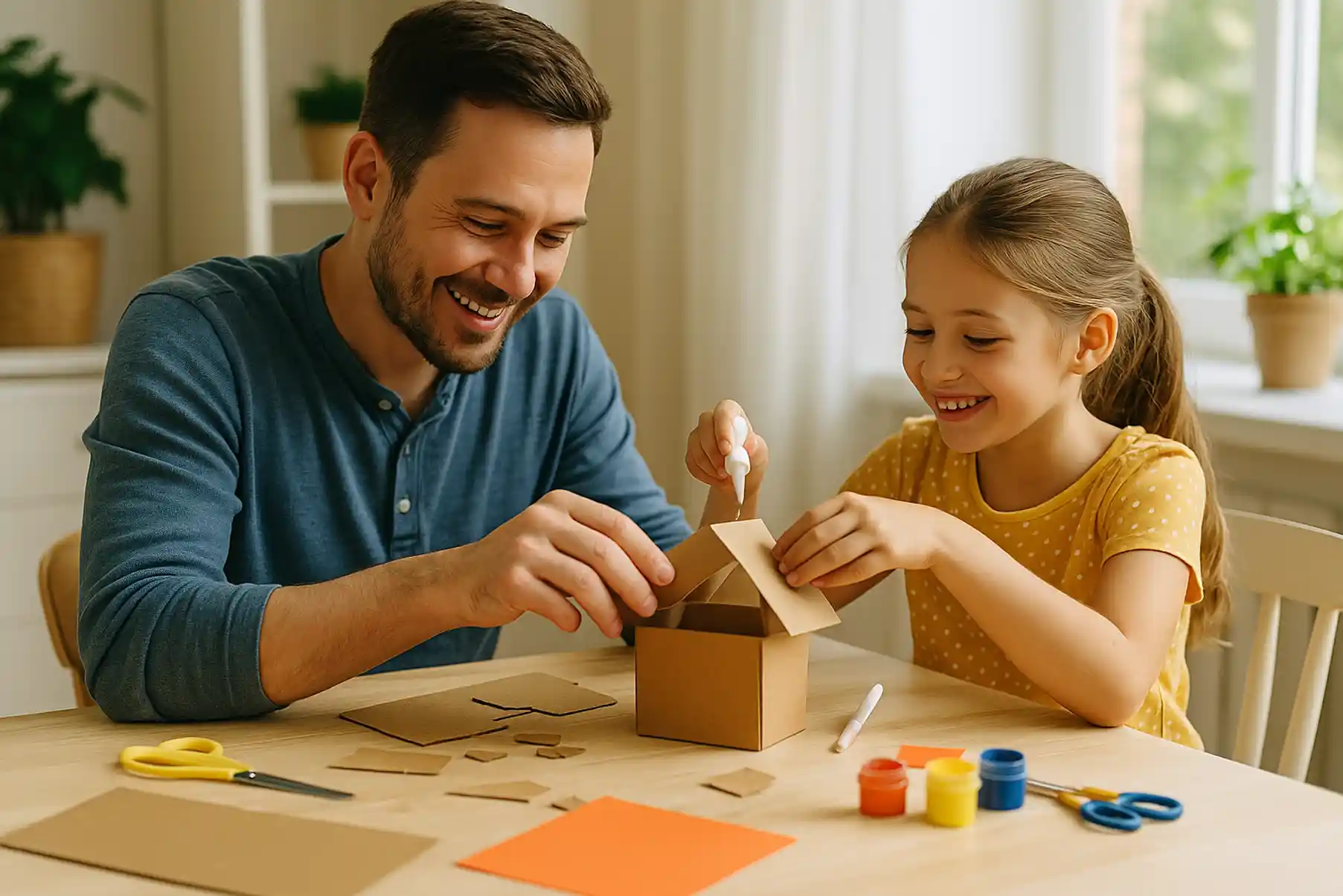 Un père et sa fille bricolent ensemble une petite maison en carton sur une table ensoleillée, entourés de ciseaux, colle et peinture, symbole du bricolage en famille qui stimule la créativité et réduit le stress