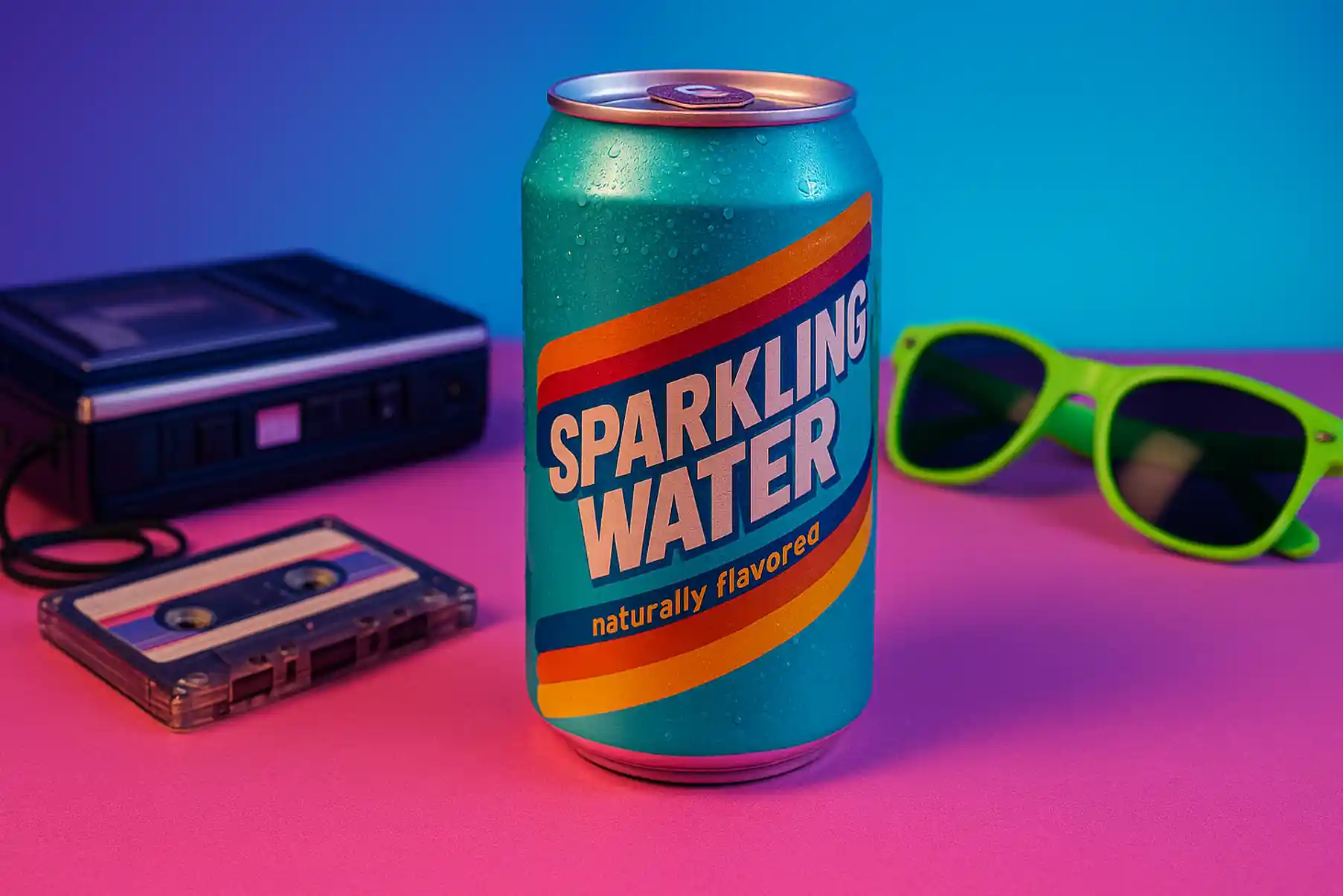 Canette rétro d’eau pétillante au design années 80 posée sur une table colorée avec un walkman, une cassette audio et des lunettes fluo, symbole du retour de cette boisson plébiscitée par les nutritionnistes