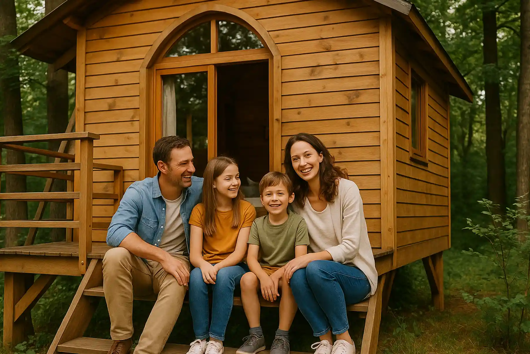 Parents et enfants souriants assis devant une cabane en bois moderne dans la forêt, symbole de la nouvelle tendance de voyage en famille qui remplace les séjours à l’hôtel