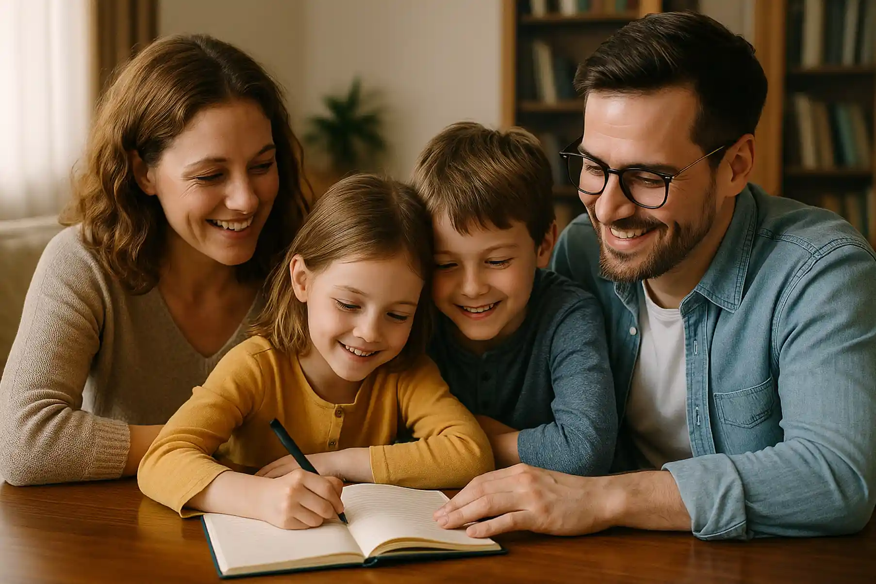 Une famille assise autour d’une table, un carnet ouvert devant eux, un parent et un enfant écrivant chacun une phrase avec le sourire.