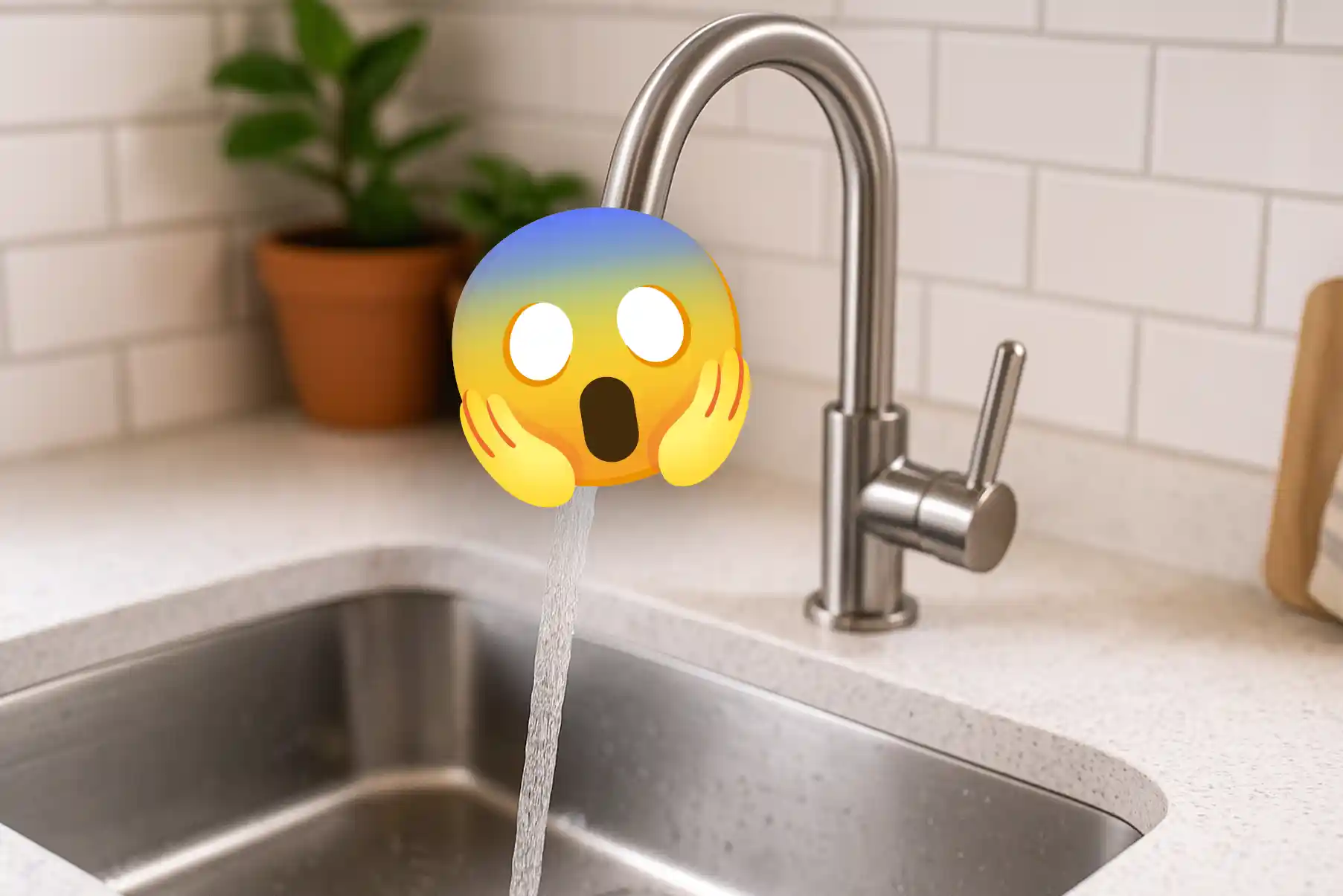 Gros plan d’un robinet de cuisine moderne avec un mousseur d’eau, de l’eau qui coule doucement dans l’évier.