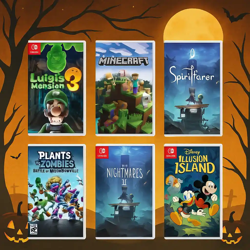 Jaquettes de jeux vidéo d’Halloween familiaux (Luigi’s Mansion 3, Minecraft, Spiritfarer, Plants vs Zombies, Little Nightmares II, Disney Illusion Island) sur fond orange décoré de citrouilles et d’arbres sombres, ambiance ludique et automnale.