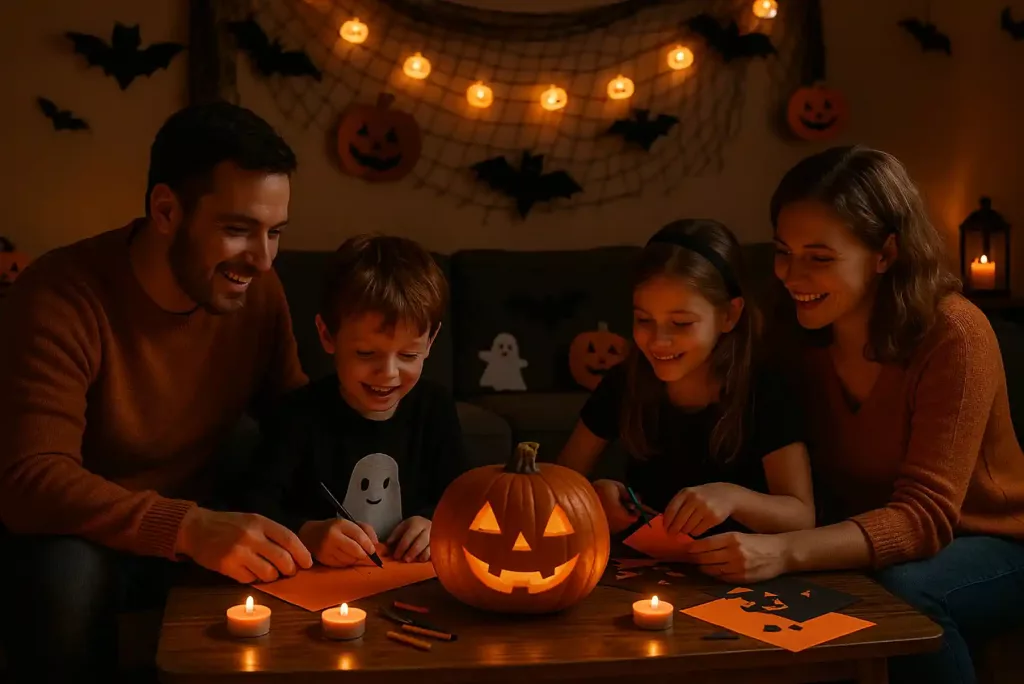 famille réunie pour des activités d’Halloween sans écran