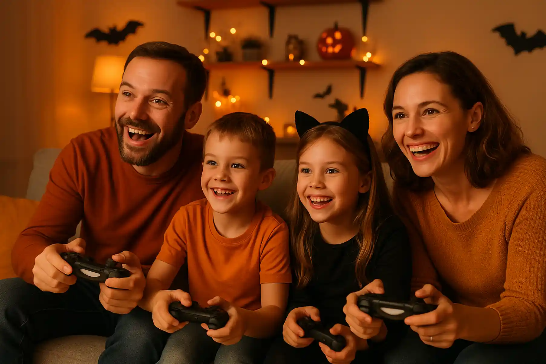 famille souriante jouant à un jeu vidéo d’Halloween dans un salon décoré, ambiance douce et bienveillante